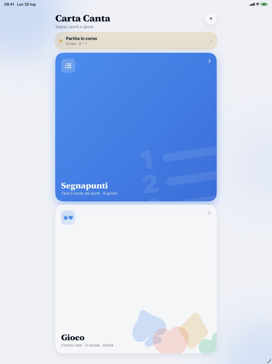 Carta Canta su iPad, schermata iniziale