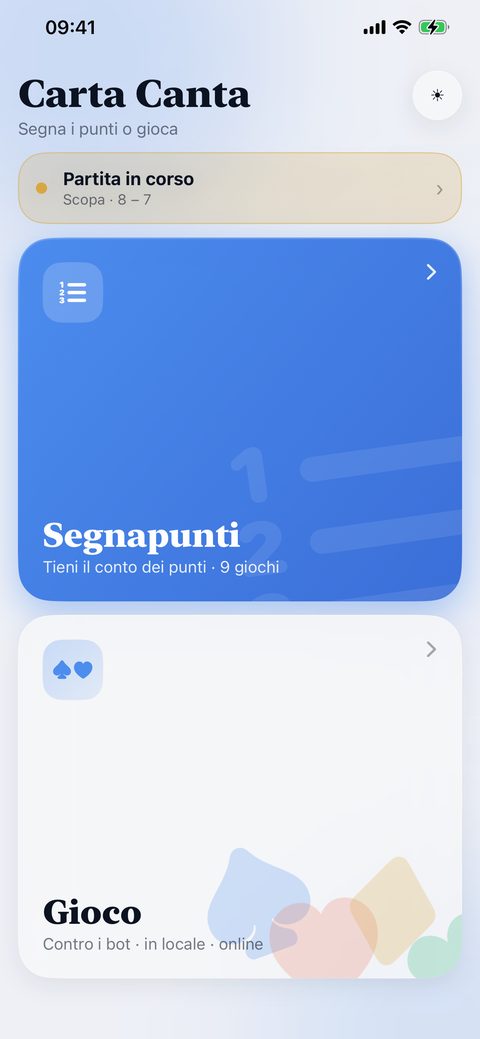 Schermata iniziale di Carta Canta